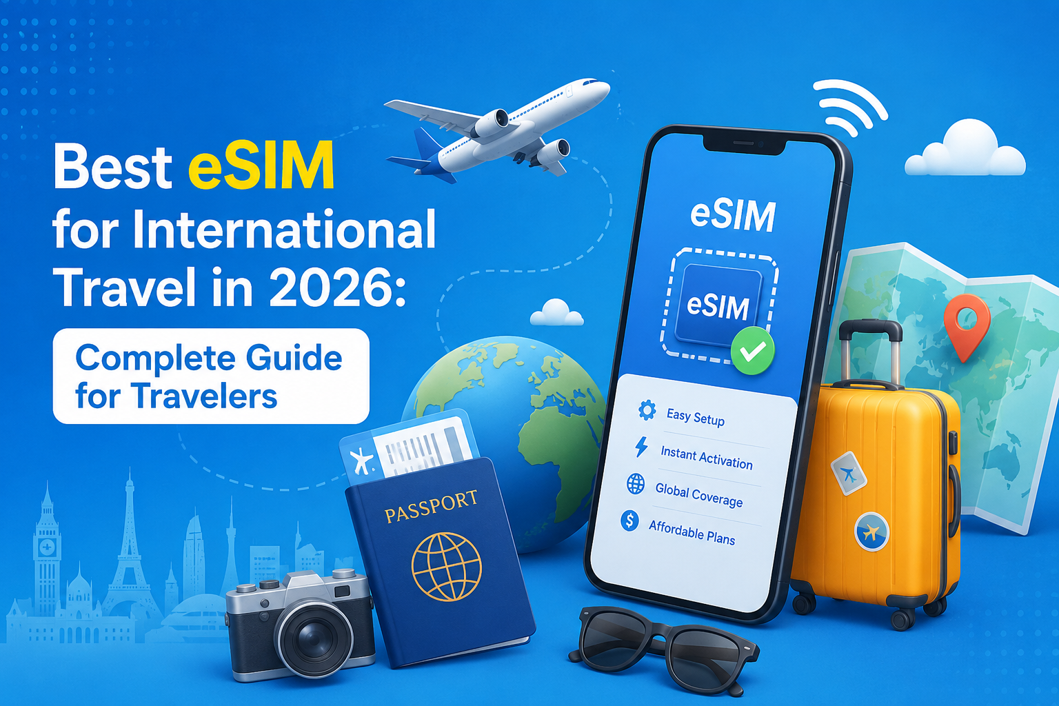 Best eSIM for international travel 2026 comparison with smartphone passport airplane and global connectivity icons