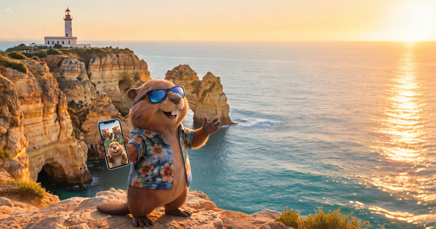 Claire the SimClaire beaver using an eSIM on the Algarve cliffs in Lagos Portugal